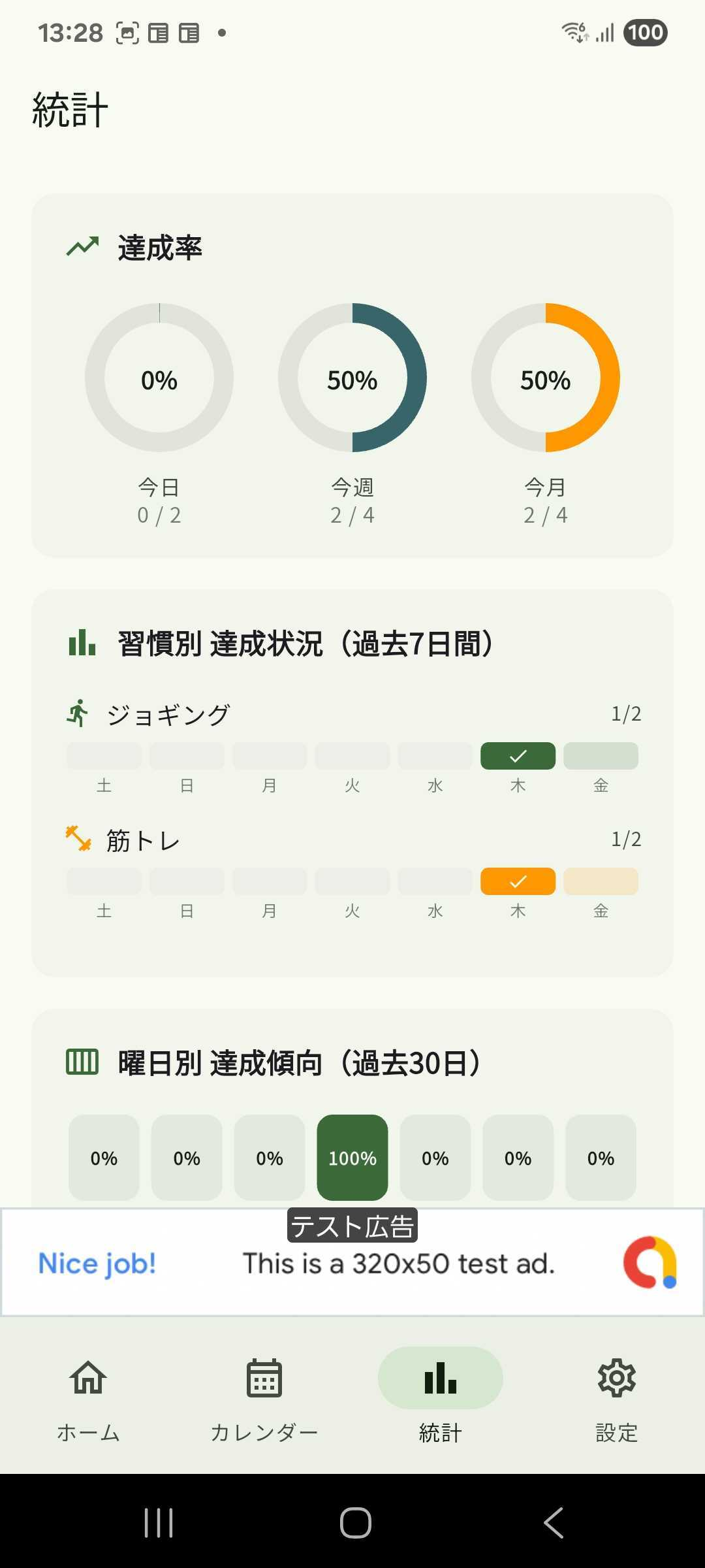 つみたて習慣アプリの統計画面 - 達成率グラフと曜日別ヒートマップ